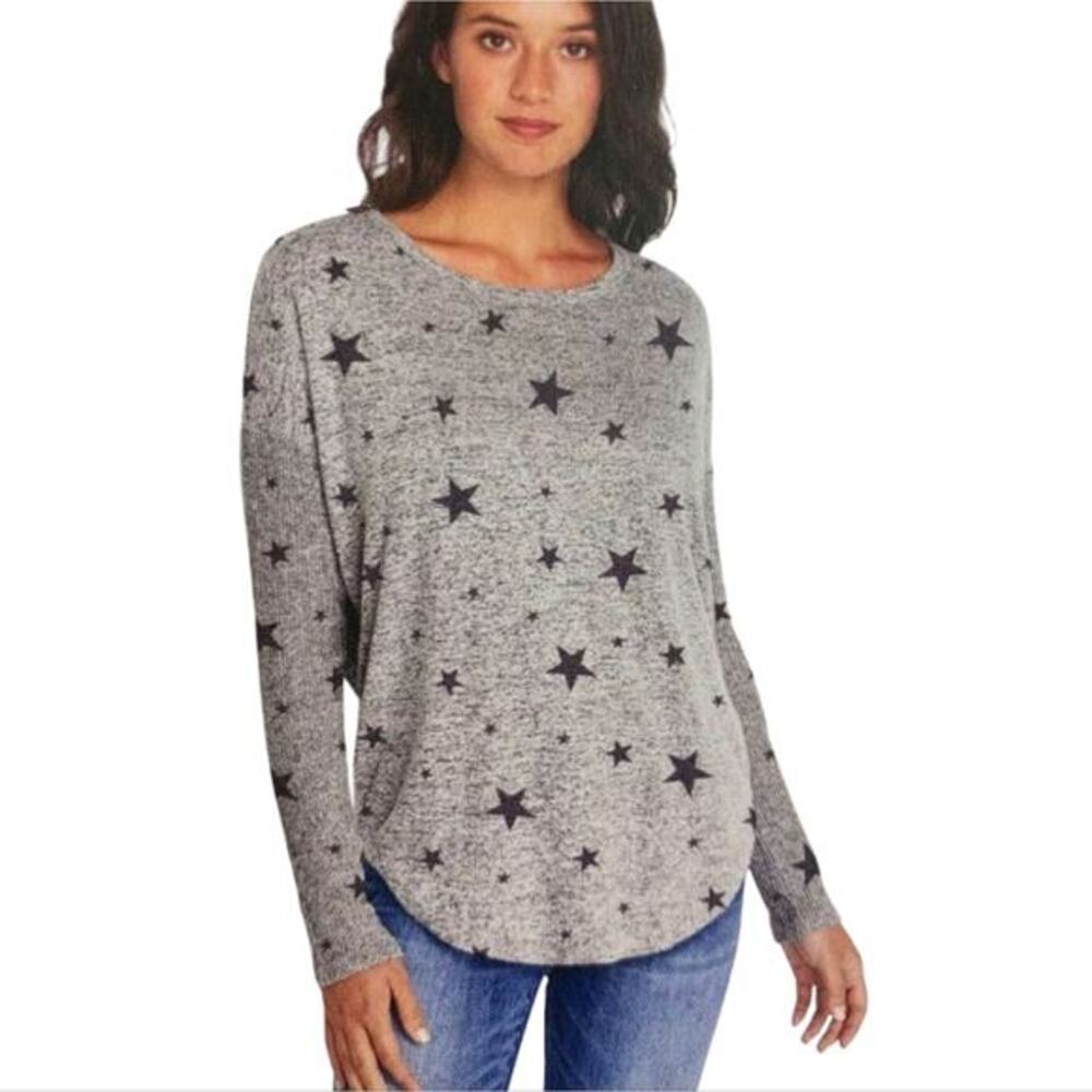 Lucky Brand Deep Scoop Neck Gray‎ Star Patterned Long Sleeve Top Lightweight M